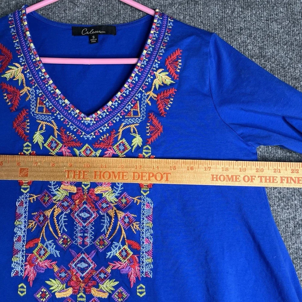 Calessa Embroidered Tunic Top Women Small Blue Boho 3/4 Sleeve - Picture 5 of 7